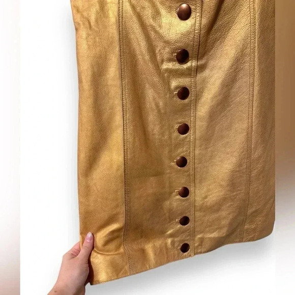 NWT Free People Goldie Metallic Gold Yellow Leather Button Party Mini Dress 10 - Picture 9 of 11